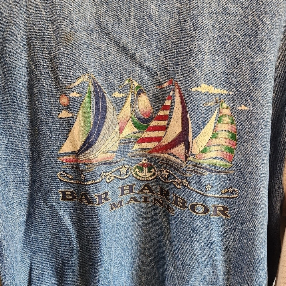 Vintage Varisty Jacket Denim Cotton Maine Blue Cream Large L - Picture 10 of 11